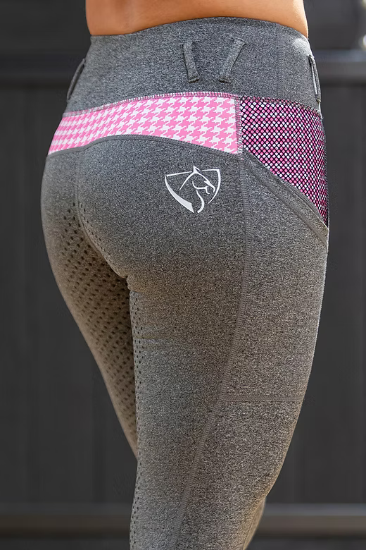 Youths Bare Performance Riding Tights- Grey/Pink Houndstooth